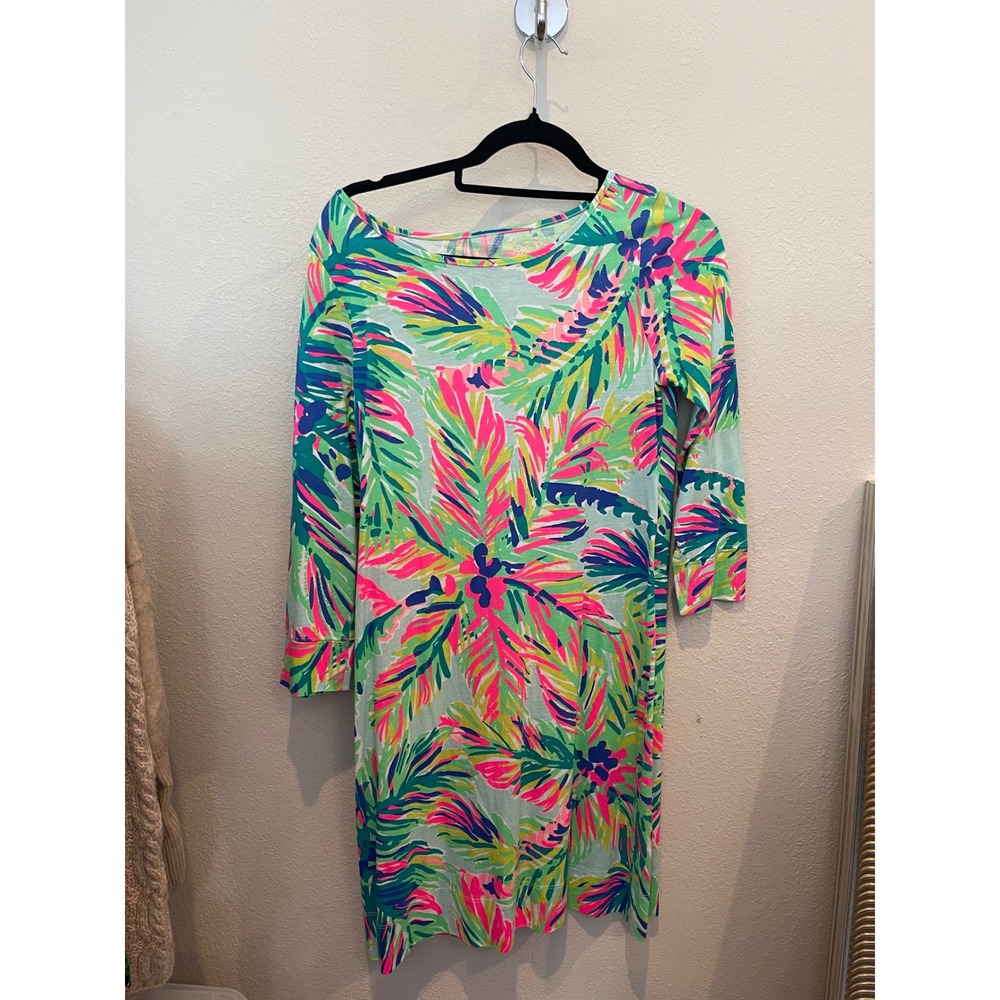Lilly Pulitzer Hollee Dress Womens Small Pima Cotton Tropical Palm 3/4 Sleeve S